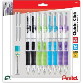 Pentel Quick Click Mechanical Pencil, (0.7mm), Includes Refill Lead and Erasers, Pack of 8 Pencils (PD217LEBP8)