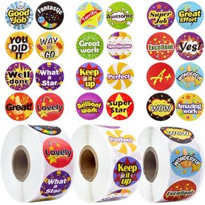 1500PCS Reward Stickers for Kids Teachers Motivational Stickers for Students Children School Incentive Good Job Well Done Stickers 1 Inch 3 Rolls 24 Styles Round Encouraging Students Classroom Sticker