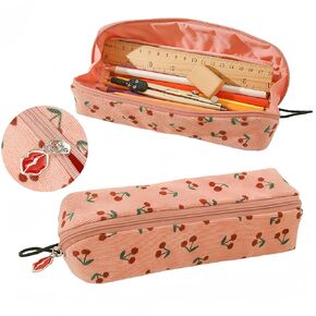 Red Cherry Pencil Pouch Cute Fruits Pink Canvas Soft Cloth Fabric Cosmetic Bag Pen Case (Cherry)