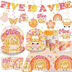 171pcs Five is a Vibe Birthday Party Decorations Tableware Set, 5 is a Vibe Thick Plates Banner Tablecloths and Cake Topper with Cupcake Toppers for 5th Birthday Decorations Girl, Serves 25