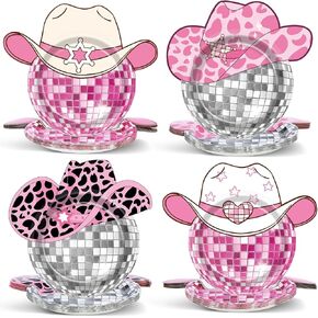 48pcs Western Cowgirl Party Paper Paper Plate Cow Print Party Supplies Pink Disco Ball Acco Dispable Dessert Table Forme for Cowgirl موضوع عيد ميلاد البكالوريوس الثمانينات التسعينات.