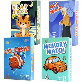 Card Games Old Maid, Go Fish, Slap Jack and Memory Classic Games - 4 Decks in 1 Pack, Fun Card Games for Kids Toddlers, Fun Kids Playing Cards, Easter Basket Stocking Stuffers for Boys and Girls