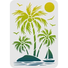FINGERINSPIRE Palm Trees Stencil 11.7x8.3" Island Sailboat Painting Stencil Summer Sun Geese Pattern Drawing Stencil Reusable Tropical Ocean Beach Theme Stencil for Painting on Wood Wall Home Decor