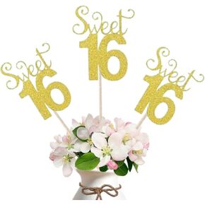 10 عبوات بريق الذهب مزدوج الوجه Sweet 16 عيد ميلاد العصي المركزية ، رقم 16 طاولة الكعكة Topper لزخارف حفلة عيد ميلاد Sweet (حلوة 16) (الذهب)