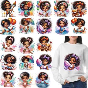 Black Girl Iron on Transfers, 20 Pcs DTF Transfers Ready to Press Iron on Patch Applique Decals, Cute Black Girl Heat Transfer Vinyl for T-Shirts Bag Clothing DIY Crafts