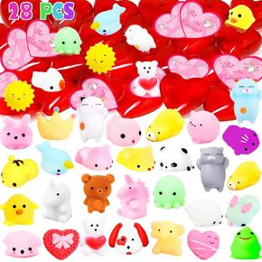 28Pcs Mochi Squishies Toys Set Bulk, Kawaii Animals Squishy Stress Relief Gifts for Kids Easter Basket Stuffers Egg Hunt Party Favors