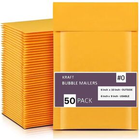 Kraft Bubble Mailers 6x10 Inch 50 Pack, Waterproof Cushioned Bubble Mailers, Padded Envelopes Shipping Bags Packaging for Small Business, Self Seal Bubble Envelopes, #0 Bulk Envelopes