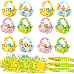 Qeagvj 24pcs سلال عيد الفصح المصغرة في عيد الفصح صندوق هدايا سعيدة مع مقابض سلة عيد الفصح بالورق للأطفال