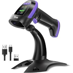 Tera Barcode Scanner Wireless 2D with Stand: Pro Version Digital Setting Screen Keypad Works with Bluetooth 2.4G Wireless USB Wired Extra Fast Scanning Speed Handheld Bar Code Reader HW0009-Z Purple