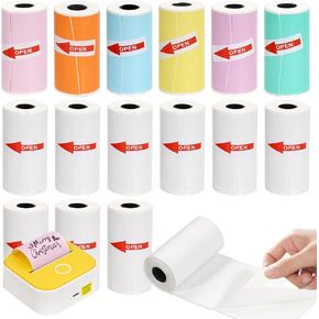15 Rolls Mini Printer Sticker Thermal Paper,Self-Adhesive Multicolor Paper 53 * 28mm Printer Paper Compatible with T02/M02 Mini Thermal Printer Study Notes, Journal Photos