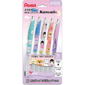 Pentel EnerGel RTX Liquid Gel Pen, Kawaii Tokyo Designs, (0.7mm), Medium Line, Black Ink, Pack of 5 (BL77KWIPF5A)