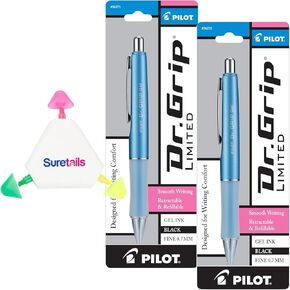 Limited Black Ink Gel Pens, 0.96 Ounces, Fine Point, Metallic Ice Blue Barrel With Black Ink, Bundle With Suretails Multicolor Highlighter Pen, Ergonomic, Retractable & Refillable [Pack Of 2] in Kuwait