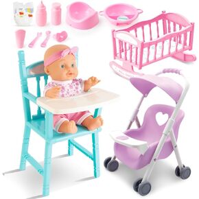deAO Baby Doll Set Play Set with Doll Crib,Doll High Chair Stroller,12PCS Baby Doll Accessories,Great Pretend Play Gift Doll Toys for 3+ Years Old Kids Girls Boys