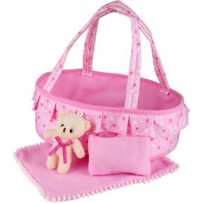 Baby Doll Cradle Bassinet Portable Doll Carrier Carry Bag Doll Bed Cot,Baby Doll Accessories Playset,Soft Pillow Quilt Blanket Bear,for 8-9-10-11-12 Inch Smaller Alive Baby Doll,Pretend Play Toy