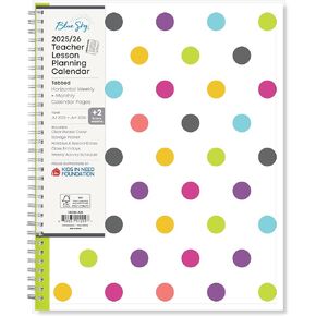 Blue Sky 2025-2026 Weekly and Monthly Academic Year Teacher Lesson Planner Calendar, July 2025 - June 2026, 8.5" x 11", Flexible Cover, Wirebound, Laminated Tabs, Storage Pocket, Dots