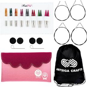 مجموعة Knitpro Dreamz Mini Set 2 بوصة إبر حياكة دائرية بحجم 2.5 ، 4 ، 5 ، 6 ، 7 ، 8 ، 9 ، 10 مع 4 كابلات ، 4 أغطية ، مفتاحان ، علبة النسيج مع حقيبة المشروع