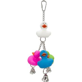 922 Rainbow Duck Ringer - ملون صاخب قفص قفص ممتع ، البط المطاط الملون بسلاسة زاهية ، ثلاثة أجراس معدنية رنين ، تصميم مغري الطيور ، رائع للحيوانات الأليفة الصغيرة إلى ميد بودجي كويكر