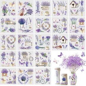 20 Sheets Lavender Rub on Transfers for Crafts and Furniture Purple Floral Rub on Transfers Stickers Vintage Flower Rub on Decals for DIY Wood Home Paper Decor, 5.9 x 5.9 Inch