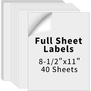 8.5" x 11" Full Sheet Label Sticker Paper for Laser & Inkjet Printers,Self Adhesive Printer Paper Shipping Labels,Printable White Matte Mailing Label Stickers(40 Sheets,40 Labels)
