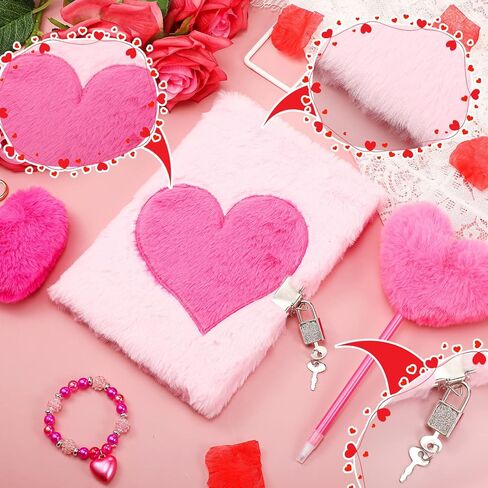 تشمل مجموعات هدايا مذكرات inbagi 4 PCS Plush Pink Girls Journal مع قفل ومفتاح ، سلاسل مفاتيح قلب رقيقة ، بوم بوم ، أساور مطرز للطلاب عودة إلى أصدقاء المدرسة in Kuwait