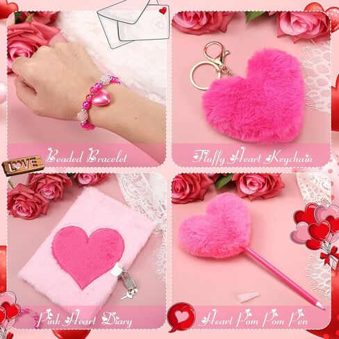 تشمل مجموعات هدايا مذكرات inbagi 4 PCS Plush Pink Girls Journal مع قفل ومفتاح ، سلاسل مفاتيح قلب رقيقة ، بوم بوم ، أساور مطرز للطلاب عودة إلى أصدقاء المدرسة in Kuwait