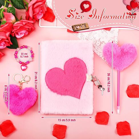 تشمل مجموعات هدايا مذكرات inbagi 4 PCS Plush Pink Girls Journal مع قفل ومفتاح ، سلاسل مفاتيح قلب رقيقة ، بوم بوم ، أساور مطرز للطلاب عودة إلى أصدقاء المدرسة in Kuwait
