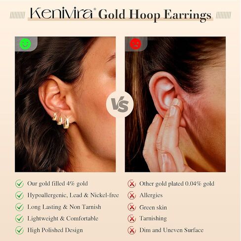 أقراط دائرية ذهبية للنساء، مجموعة أقراط دائرية صغيرة مطلية بالذهب عيار 14 قيراط لا تسبب الحساسية، أقراط هوجي هوب غضروفية ذهبية، أقراط دائرية مكتنزة مكدسة غير مشوهة in Kuwait