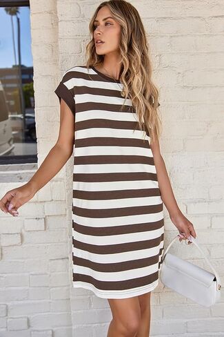 AlvaQ Womens Striped Summer Dresses 2024 Crewneck Cap Sleeve Color Block Casual A Line Tshirt Dress with Pockets in Saudi Arabia