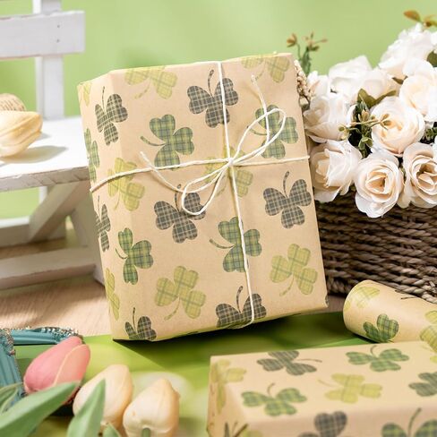 RUSPEPA St. Patrick's Wrapping Paper Roll, Mini Roll, Lucky Clovers Gift Wrap, Green Pliad Kraft Paper for St. Patrick Day, Holiday Party and Any Occasion, 17 Inches x 16.4 Feet in Saudi Arabia
