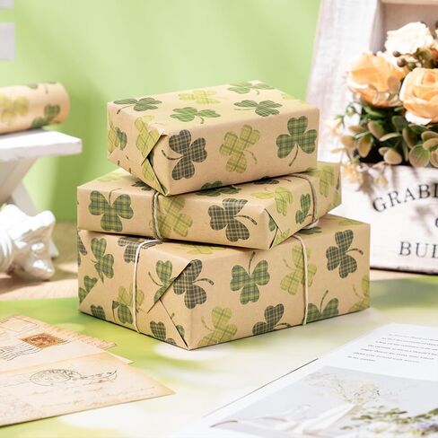 RUSPEPA St. Patrick's Wrapping Paper Roll, Mini Roll, Lucky Clovers Gift Wrap, Green Pliad Kraft Paper for St. Patrick Day, Holiday Party and Any Occasion, 17 Inches x 16.4 Feet in Saudi Arabia