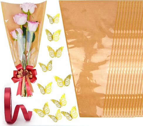Selantag 50 Pack Flower Flower Plugs bust buckets مع 12pcs 3D Butterfly و 1 Roll Ribbon ، ورق غلاف باقة زهرة ، وأكياس باقة ورق التغليف الأزهار Kraft (9.8in x 18in x 3.9in) in Kuwait