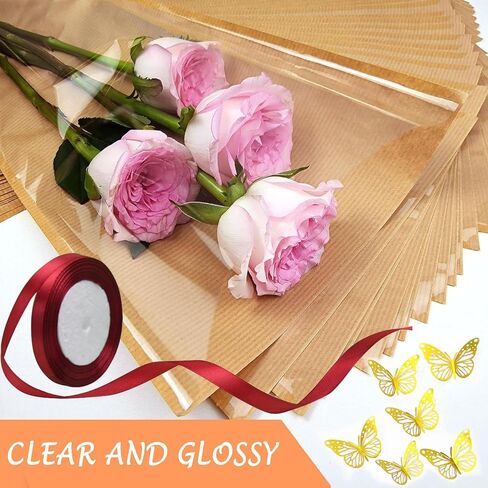 Selantag 50 Pack Flower Flower Plugs bust buckets مع 12pcs 3D Butterfly و 1 Roll Ribbon ، ورق غلاف باقة زهرة ، وأكياس باقة ورق التغليف الأزهار Kraft (9.8in x 18in x 3.9in) in Kuwait