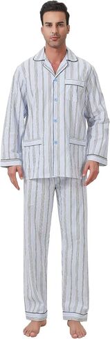 Amaxer Men's 100% Cotton Pajama Set Long Sleeves Pjs Elastic High Waist Sleepwear in Saudi Arabia