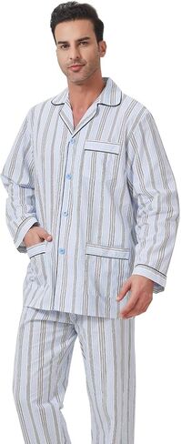 Amaxer Men's 100% Cotton Pajama Set Long Sleeves Pjs Elastic High Waist Sleepwear in Saudi Arabia