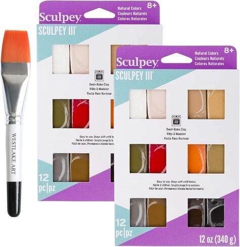 كلاي خبز الفرن ، 12 أوقية ، ألوان طبيعية ، حزمة مع طين بوليمر فرشاة الطلاء المائي للنمذجة ، النحت ، غير سامة (حزمة 2) in Kuwait