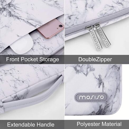 MOSISO 360 Protective Laptop Sleeve Compatible with MacBook Air/Pro, 13-13.3 inch Notebook, Compatible with MacBook Pro 14 inch 2023-2021 A2779 M2 A2442 M1,Polyester Bag with Trolley Belt,White Marble in Saudi Arabia