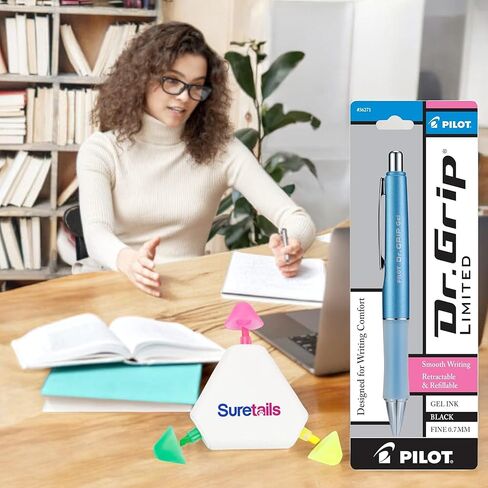 Limited Black Ink Gel Pens, 0.96 Ounces, Fine Point, Metallic Ice Blue Barrel With Black Ink, Bundle With Suretails Multicolor Highlighter Pen, Ergonomic, Retractable & Refillable [Pack Of 2] in Kuwait