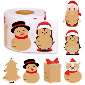 500 Pcs Christmas Kraft Tag Sticker，2'' x 3'' Christmas Santa Claus Snowman Stickers 6 Designs, Self Adhesive Holiday Stickers Label Roll，for Christmas Holiday Wrapping,Envelope Labels