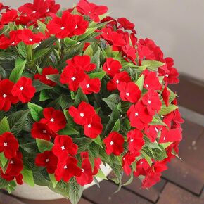 Artificial Impatiens Flowers for Outdoor Silk Impatiens Flowers Faux Impatiens Bushes Red Impatiens for Pot Patio Lawn Garden Hanging Basket Porch Decor (4, Red)