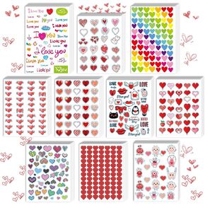 kortes 50-Sheets Valentines Heart Stickers with 10 Different Designs of 2140 pcs, Valentine's Day Stickers Party Supply Classroom Reward for Kids, Pack 01