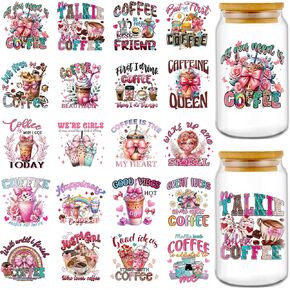 Coffee UV DTF Cup Wrap - 20 ورقة ألواح الأشعة فوق البنفسجية Pink DTF لكوب زجاجي 16 أوقية ، شارات شرب لطيفة لبروسات الماء ، فرك مقاوم للماء على ملصقات النقل ، الحرف اليدوية DIY