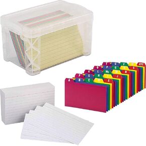 Index Card Box Holder, Holds 300 Cards, Clear - With 100 Heavy Weight Ruled Index Card - and 100 Poly Card Guides A-Z - 3x5" - Great for Indexing Notes, Flash Cards, Lists, Recipes And More (3x5 Inch)