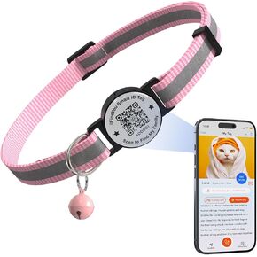Cat Collar with Bells, Reflective Cat Collars Breakaway with Qr Code, Adjustable Kitten Collar with Name Tag Pink