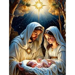 MOMDEDP Jesus Diamond Art Kits for Adults, 5D Diamond Painting Kits for Beginners,Round Full Drill Nativity Scene Gem Art for Adults,DIY Religious Diamond Dots Paintings for Home Decor12x16in