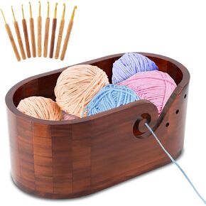Wooden Yarn Bowl with 9pcs Knitting Hooks,Oval Knitting Yarn Bowl for Crocheting,Handmade Knitting Yarn Holder,Wood Storage Crochet Bowl for Crocheting and Knitting Lovers(Brown)