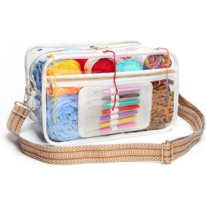 Crochet Bag-Transparent Yarn Storage-Yarn Bag for Crocheting-Knitting Bag-for Crochet Accessories Organizer, Crocheting & Knitting Gifts -Black& Striped Jacquard Shoulder Straps