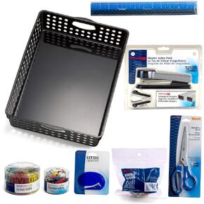 Officemate Home Office Supplies Kit, File Basket with Stapler, Staples, Scissors, Paper Clips, Binder Clips and More, 8 Piece Value-Pack, Work from Home (97310)