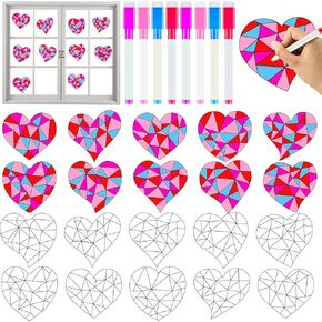 Qyeahkj 30pcs Valentine's Day Heart Suncatchers Crafts Kit for Kids, DIY Valentines Arts Coloring Heart Window Clings Stickers Gifts with 8 Painting Markers for Home Classroom Party Decorations