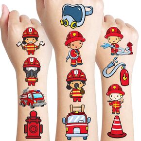 96 PCS Firefighter Fireman Temporary Tattoos Sticker Car Fire Truck Themed Birthday Party Decorations Favors Supplies Gifts Boys Girls Baby Shower Adult Cute Tattoo School Prizes Reward Themed