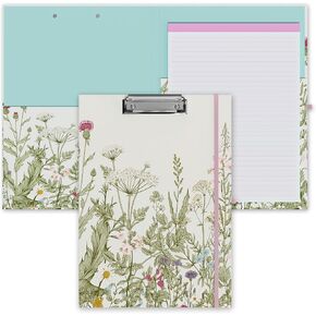 Clipboard Folio with Refillable Lined Notepad, Low Profile Clip and Interior Storage Pocket, Cute Clipboard Folder Design for Students, Office, School, Nurse, A4 Foldable Clipfolio(Garden Flowers)